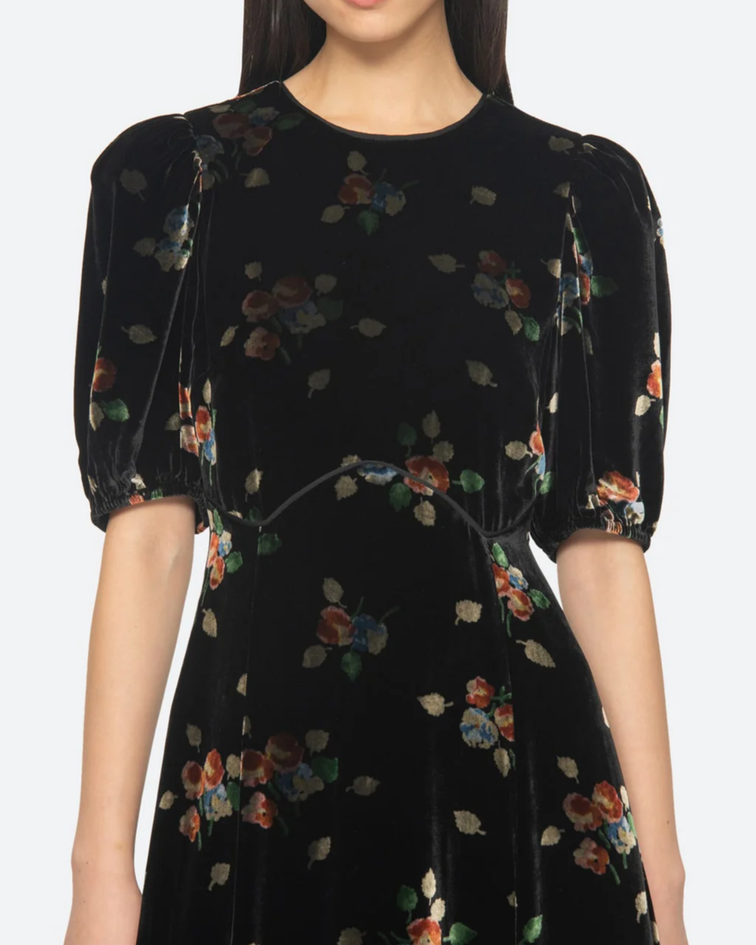 Lena Velvet Puff Sleeve Midi Dress in Black by Sea NY