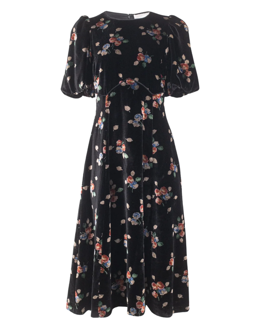 Lena Velvet Puff Sleeve Midi Dress in Black by Sea NY