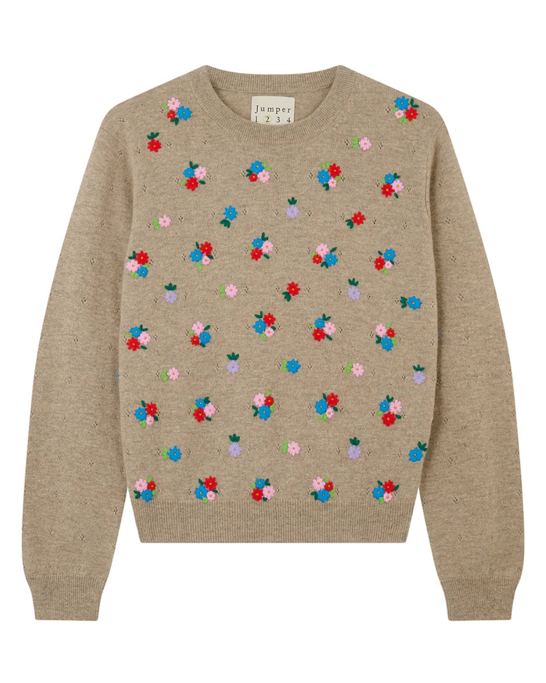 Wool Cashmere Embroidered Floral Crew in Organic Light Brown by Jumper 1234