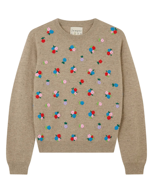 Wool Cashmere Embroidered Floral Crew in Organic Light Brown by Jumper 1234