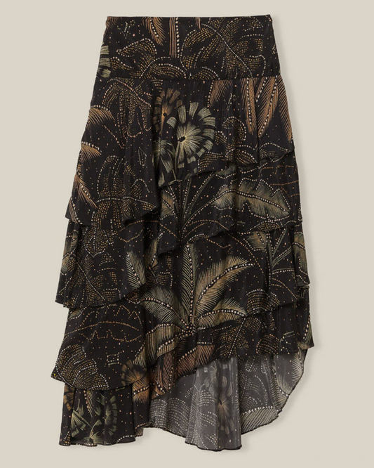 Black Golden Foliage Ruffled Skirt by Farm Rio