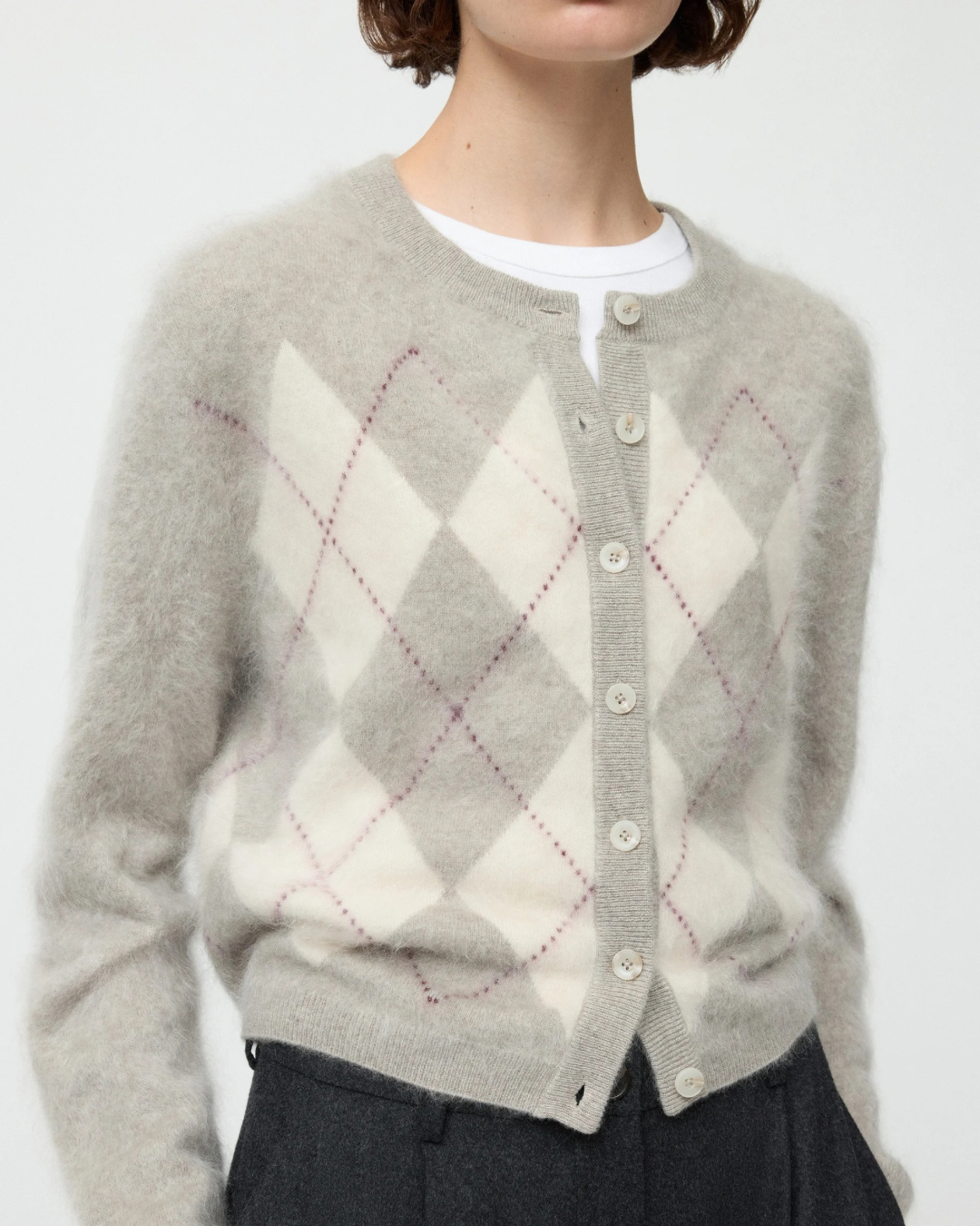 Argyle Cardigan in Greige by Soft Goat