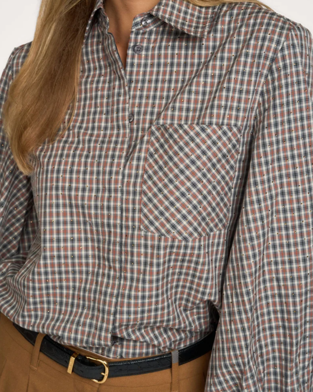 Kalmia Rhinestone Embellished Checked Cotton Shirt in Steel Pulse by Essentiel Antwerp