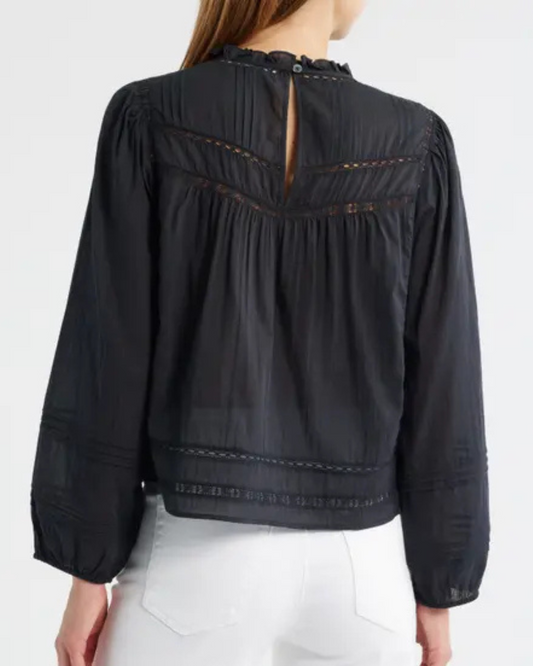 Reyna Lace Inset Cotton Peasant Top in Black by Rails