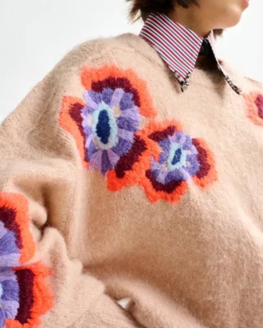Impossible Embroidered Flowers Knit Sweater in Fudge by Essentiel Antwerp