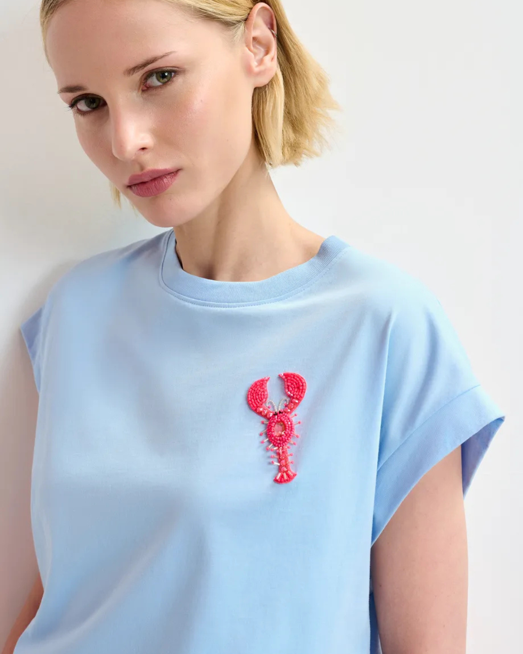 Light Blue Organic Cotton T-Shirt with Embroidery by Essentiel Antwerp