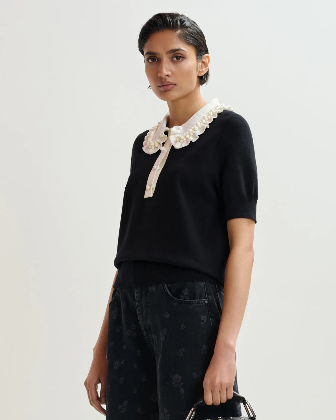 Jewelry Embroidered Knit Polo in Black by Essentiel Antwerp
