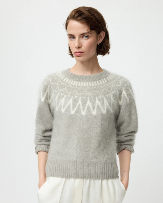 Brushed Fair Isle Crewneck in Greige by Soft Goat