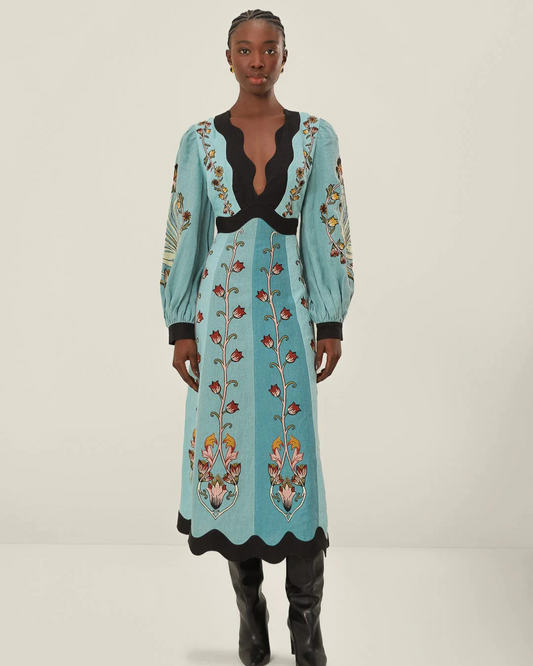 Blue Flowing Beauty Embroidered Long Sleeve Midi Dress by Farm Rio