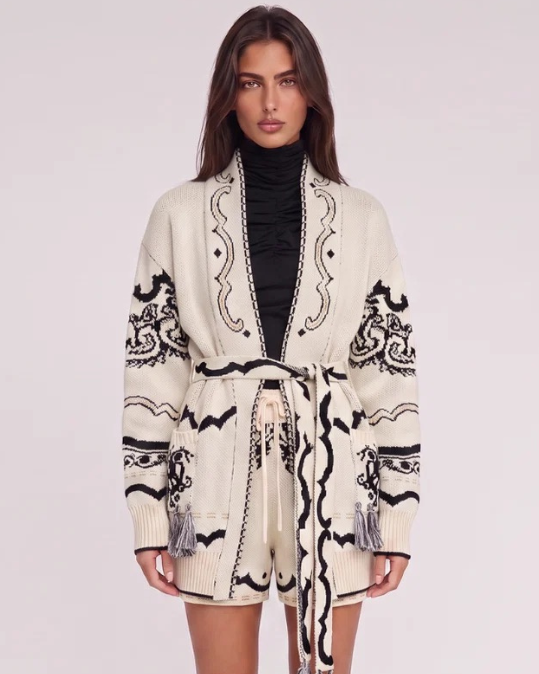 Guri Cardigan in Vanilla with Black Onyx by Scarlett Poppies