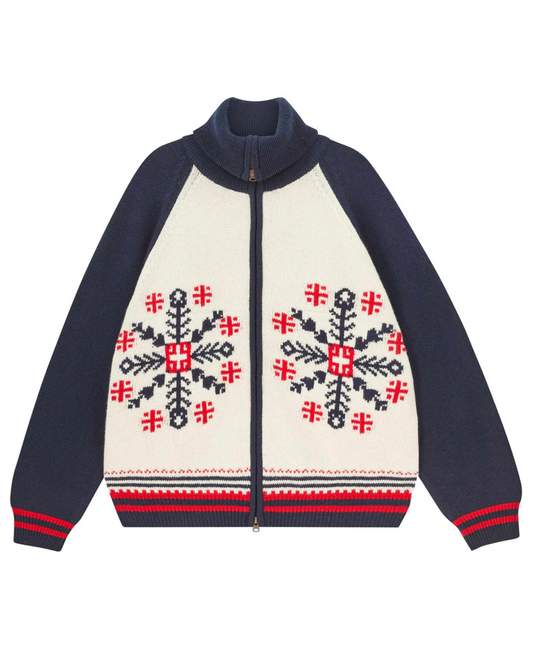 Cashmere Wool Snowflake Zip Up in Cream & Navy by Jumper 1234