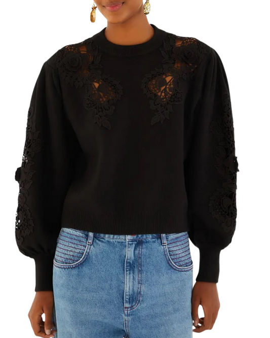 Black Lace Knit Sweater by FARM Rio