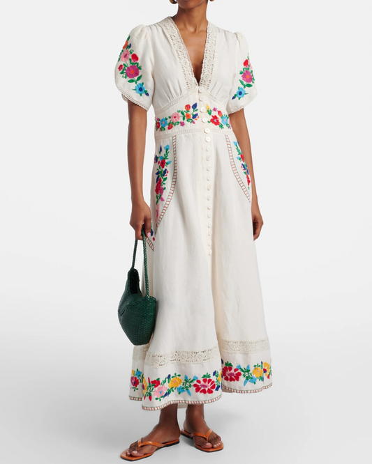 Novara Dress in Cream Anemone Embroidery by RIXO