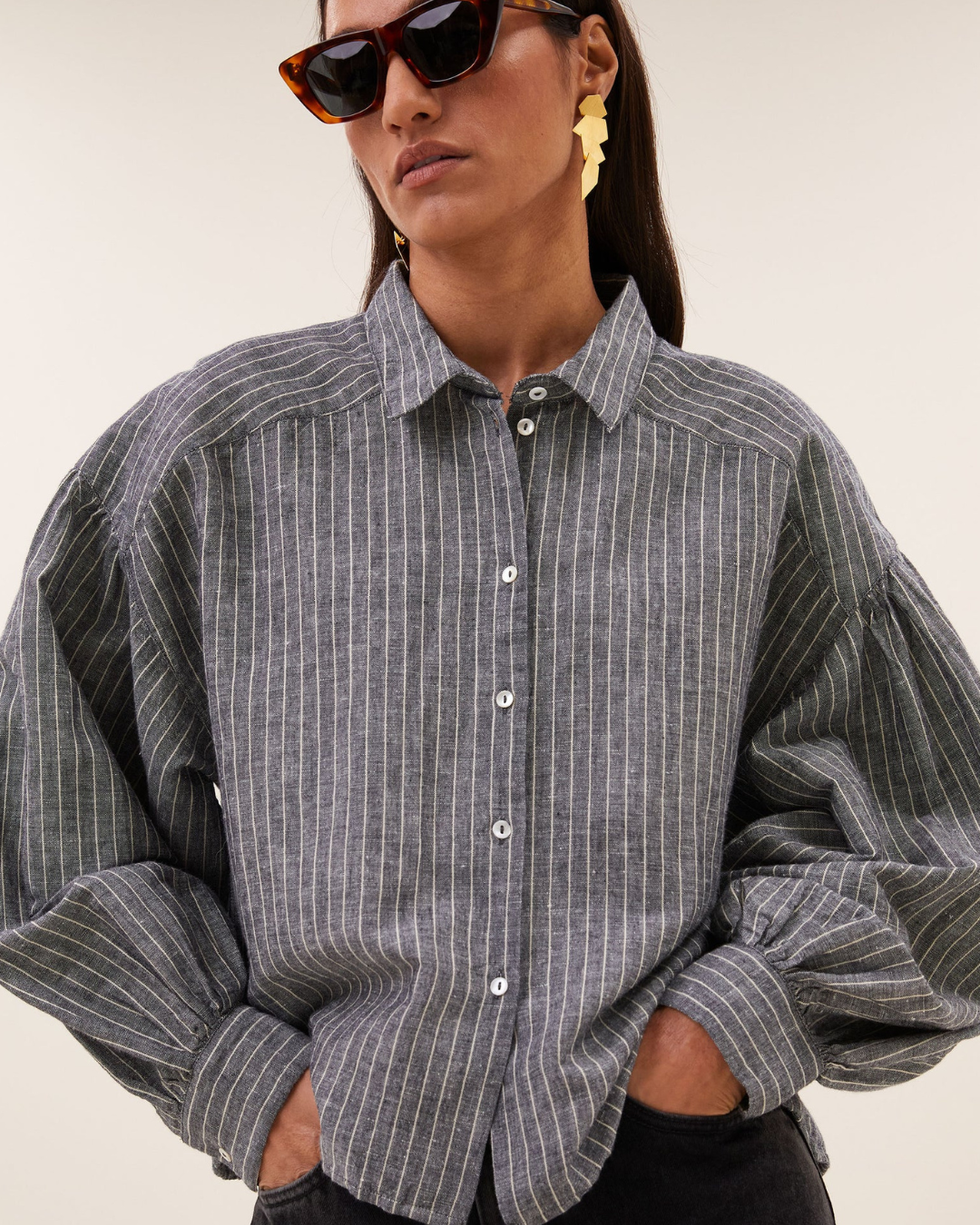 Sarah Short Thin Stripe Blouse in Ash Grey Stripe by by-bar
