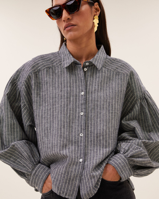 Sarah Short Thin Stripe Blouse in Ash Grey Stripe by by-bar