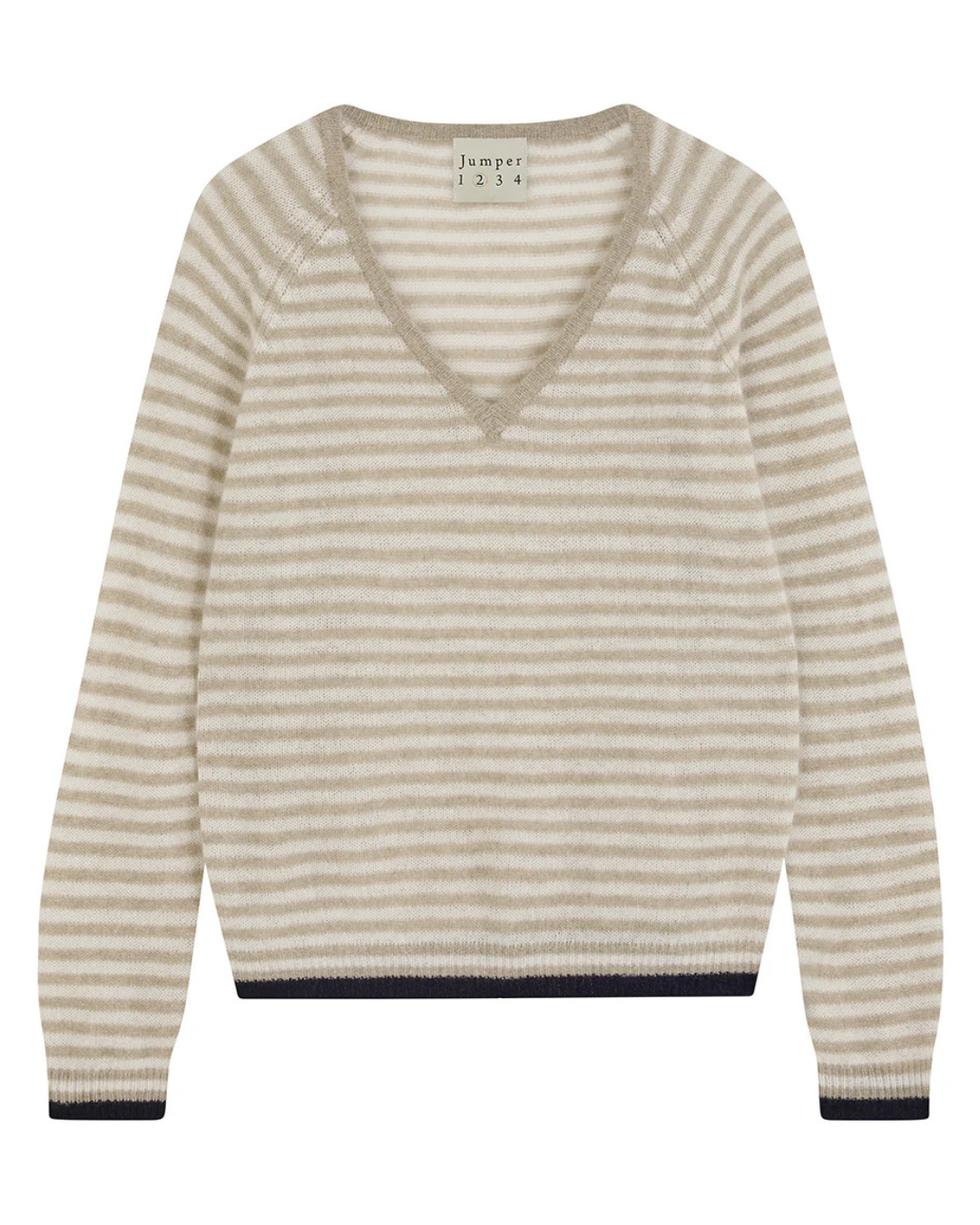 Cashmere Tipped Little Stripe Vee in Organic Light Brown by Jumper 1234