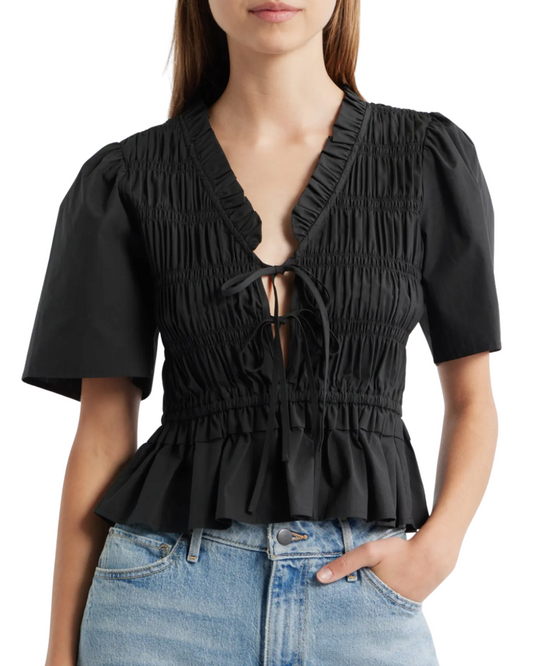 Portia Shirred Cotton Top in Black by Rails