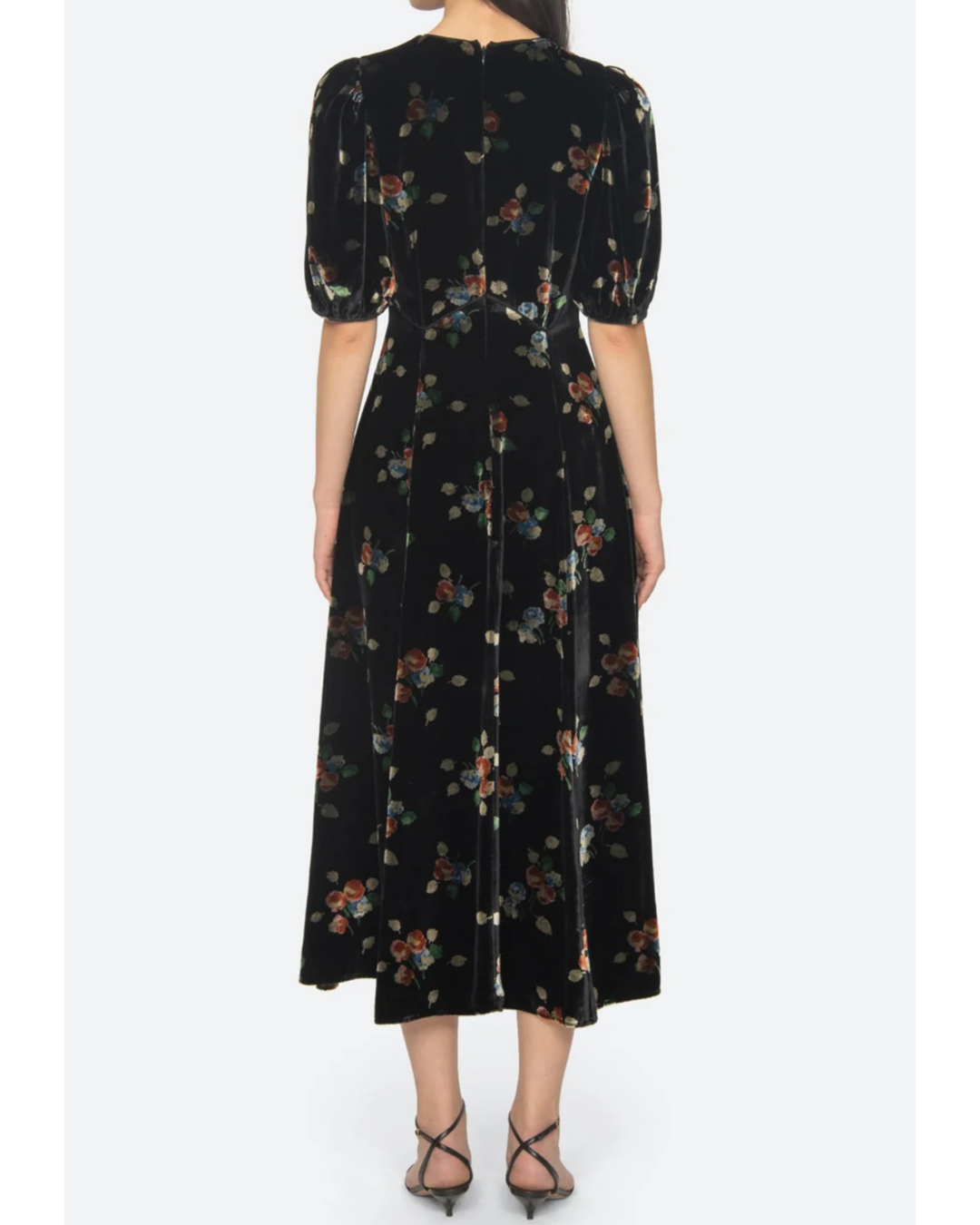 Lena Velvet Puff Sleeve Midi Dress in Black by Sea NY