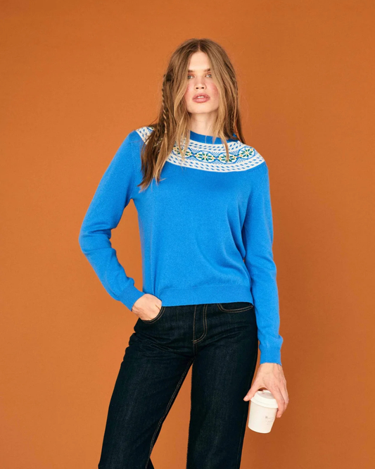Wool Cashmere Yoke Fair Isle Crew in Blue by Jumper 1234