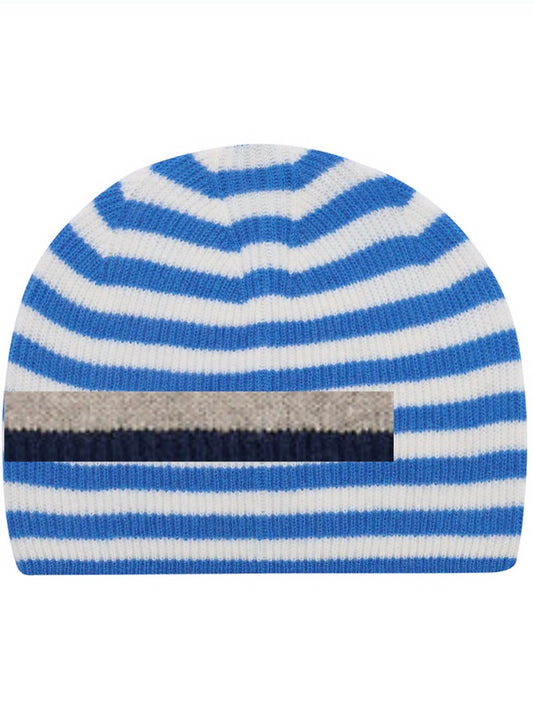 Cashmere Narrow Stripe Rib Beanie in Navy and Light Brown