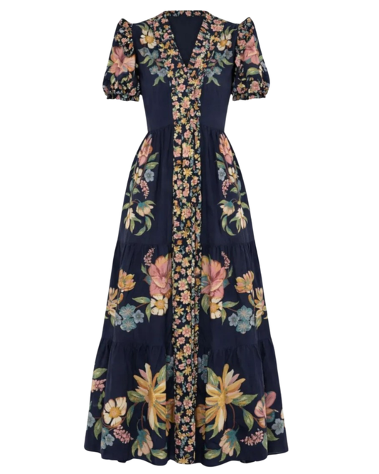 Maira Floral Short Sleeve Maxi Dress in Dark Blue by FARM Rio