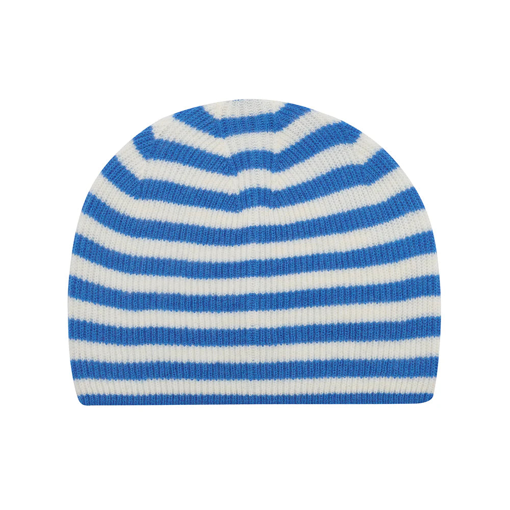 Cashmere Narrow Stripe Rib Beanie in Navy and Light Brown