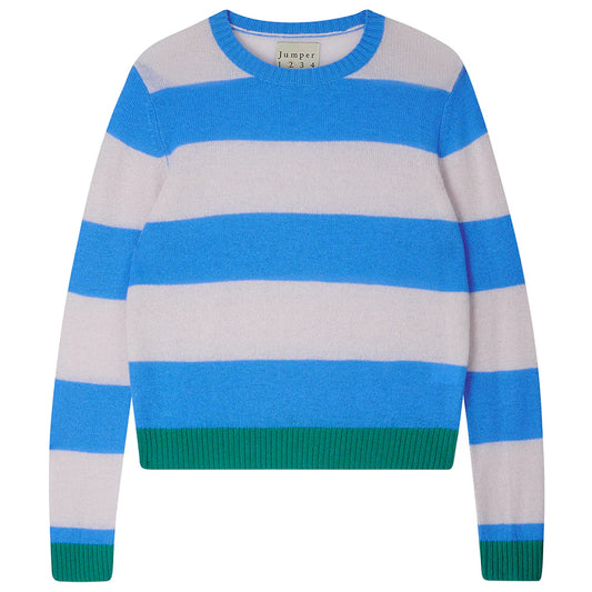 Cashmere Contrast Stripe Crew in Sky, Fog and Green by Jumper 1234