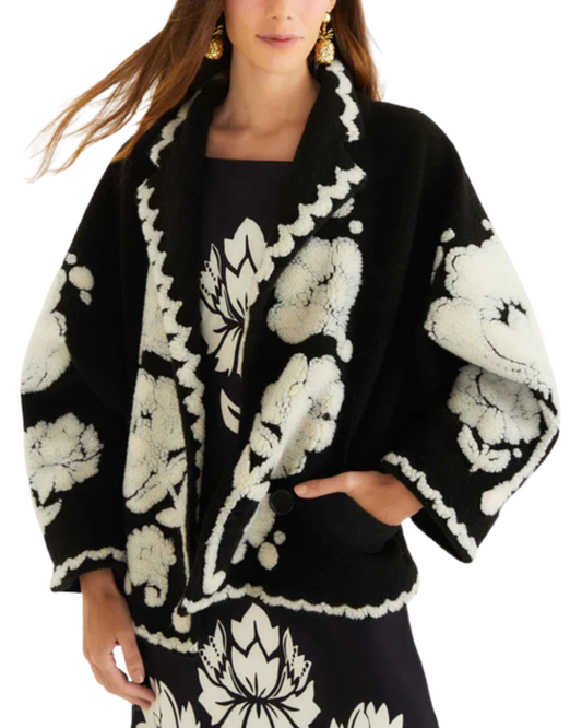 Floral Arabesque Fleece Coat in Black & Cream by Farm Rio