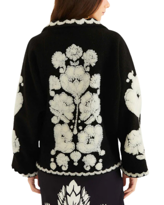 Floral Arabesque Fleece Coat in Black & Cream by Farm Rio