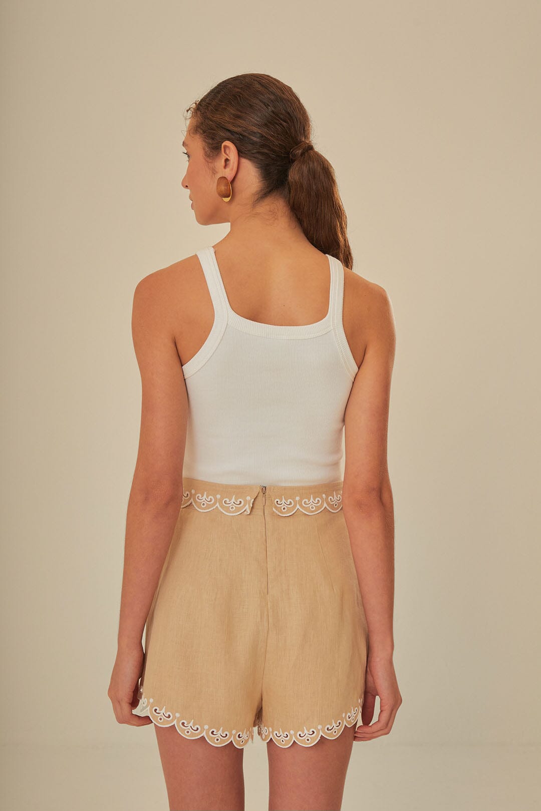 Khaki Embroidered Euroflax™ Premium Linen Shorts by Farm Rio