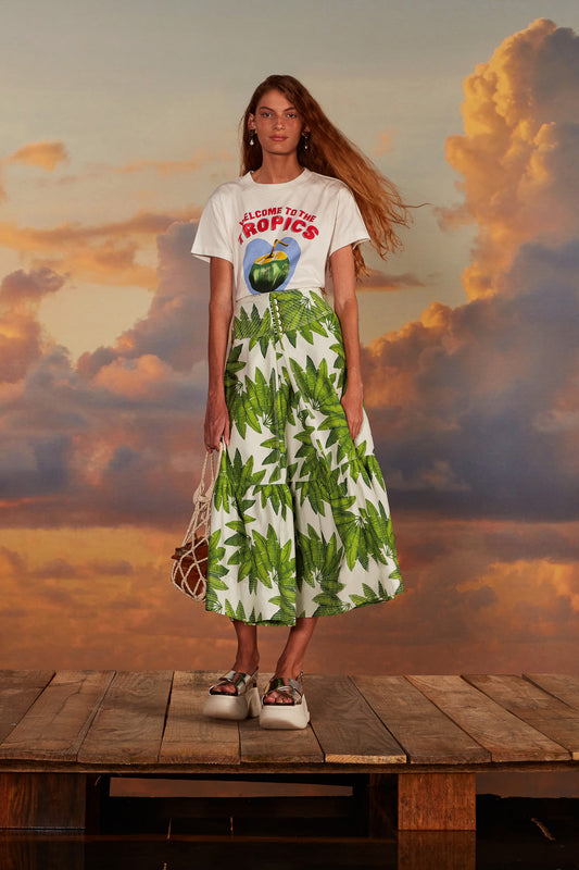 Off-White Palm Fan Organic Cotton Maxi Skirt by Farm Rio