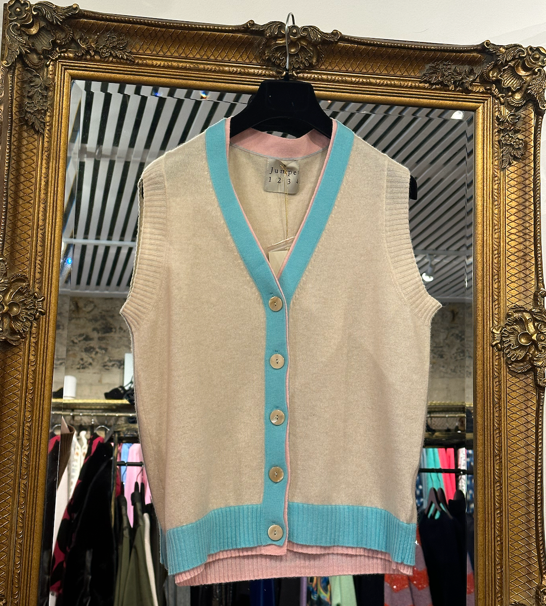 Cashmere Double Rib Sleeveless Cardigan in Oatmeal, Opal and Pale Pink by Jumper 1234