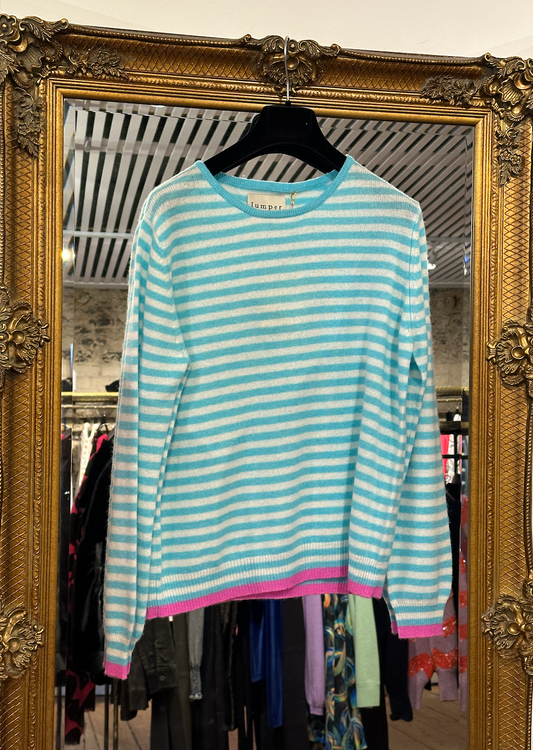 Cashmere Tipped Little Stripe Crew in Opal Cream and Peony by Jumper 1234