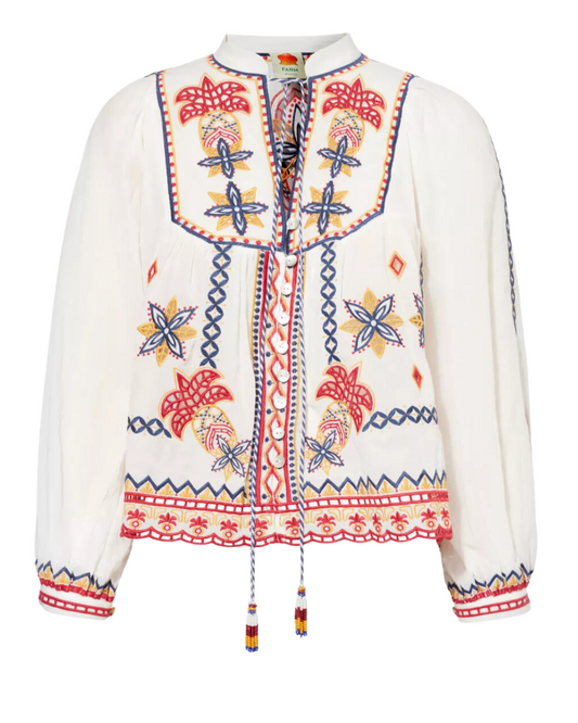 Off-White Marys Tiles Embroidered Blouse by Farm Rio