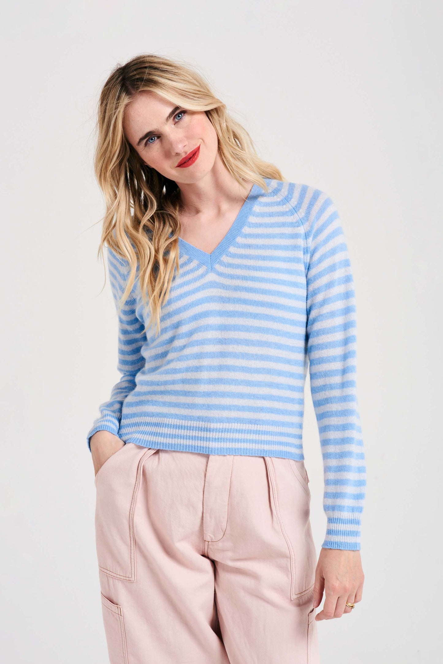 Cashmere Crop Stripe Vee in Wedgewood and Cement by Jumper 1234