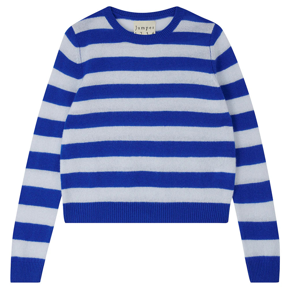 Cashmere Stripe Crew in Bright Blue and Cement by Jumper 1234