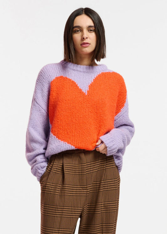 Lilac and Orange Heart Intarsia-Knit Egeria Sweater by Essentiel Antwerp