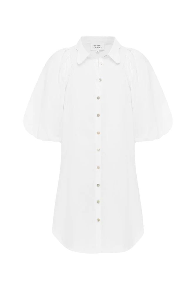 Maude Mini Dress in White by Bird and Knoll
