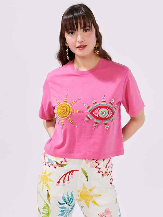 Sun Wink Embellished Cropped T-shirt in Pink by Hayley Menzies